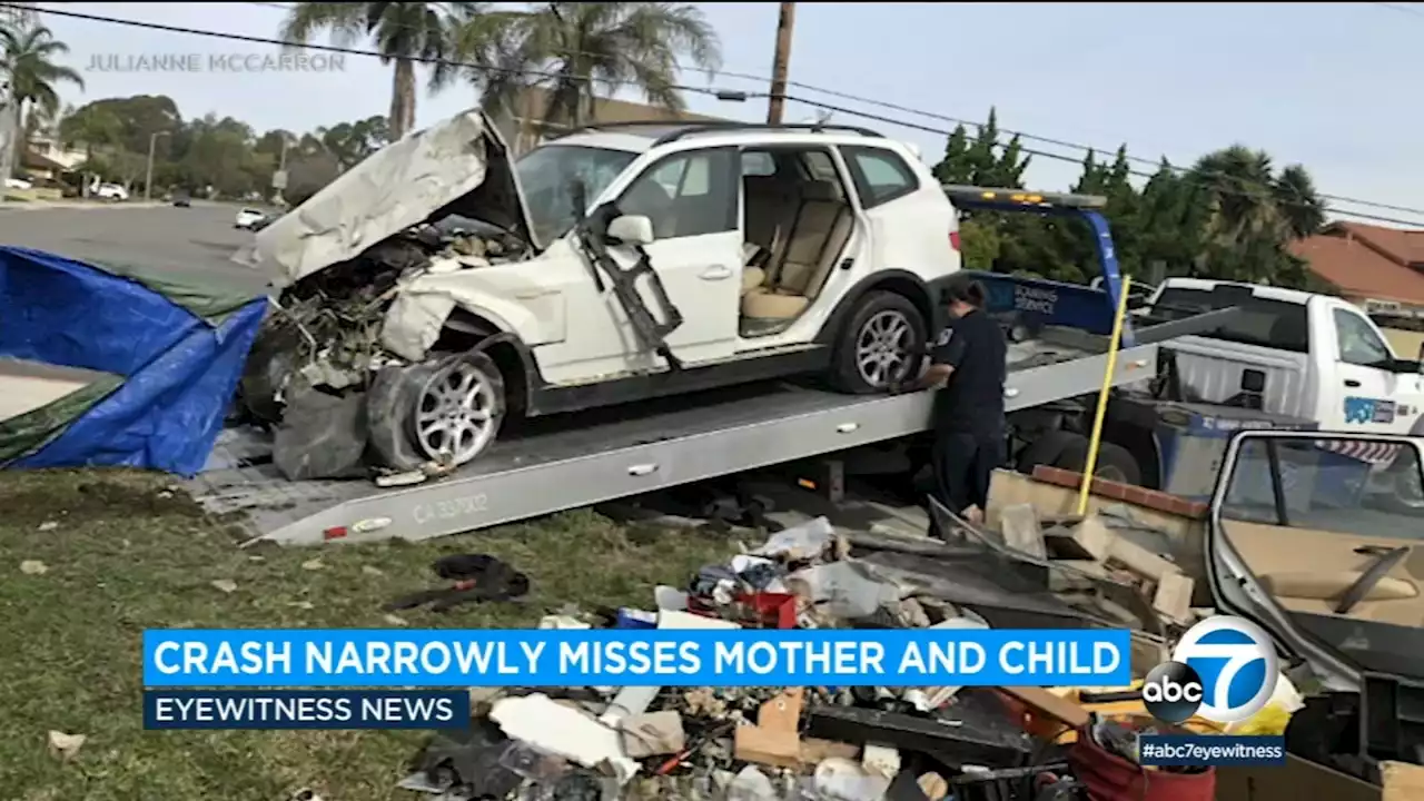 Car crashes into OC home on Friday the 13th, nearly hitting woman, baby