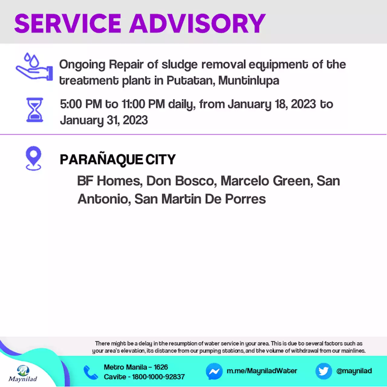 Paranaque City's 5 barangays to have no water from Jan. 18-31