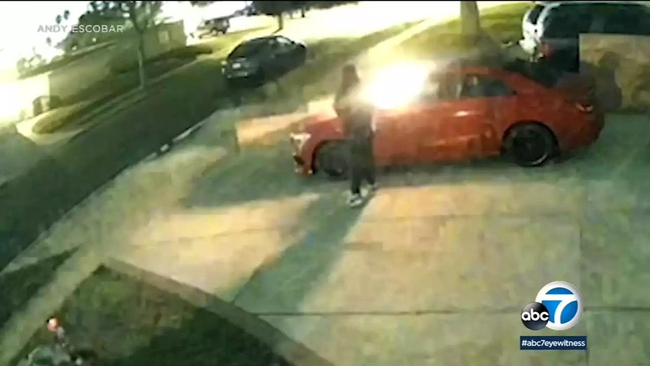 Surveillance camera captures alleged arsonist lighting Mercedes on fire outside Buena Park home