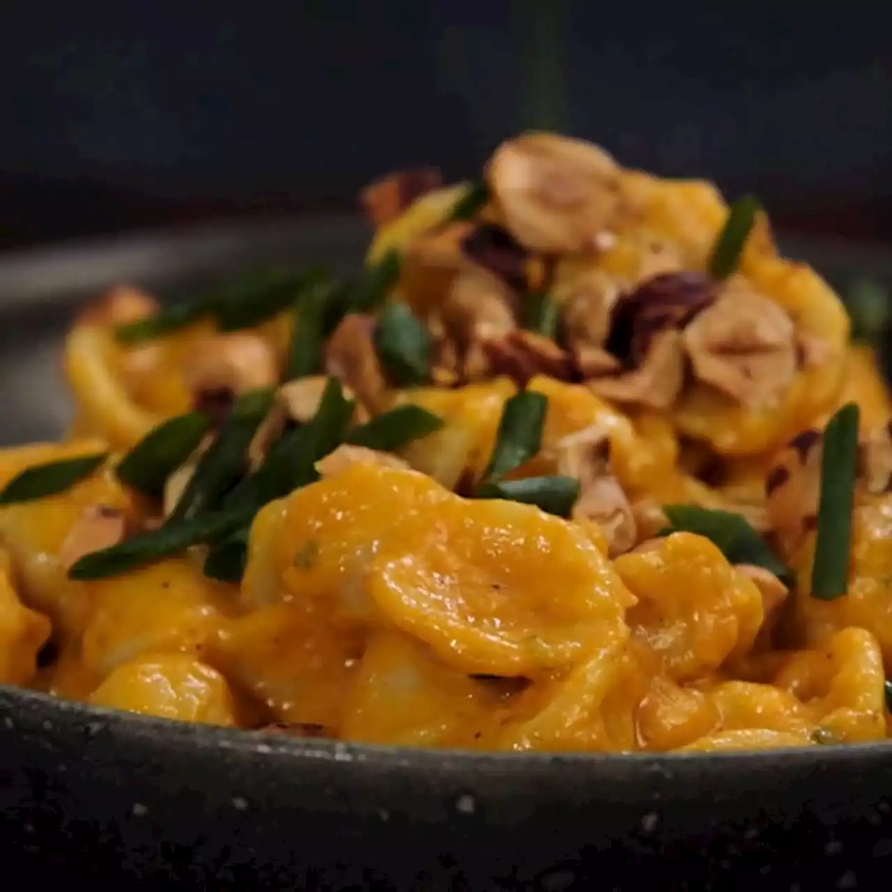 Pasta with Creamy Pumpkin Sauce and Toasted Hazelnuts