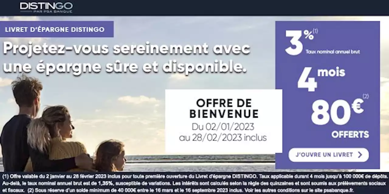 PSA Banque : Le livret Distingo à 3% sur 4 mois + 80€ de prime