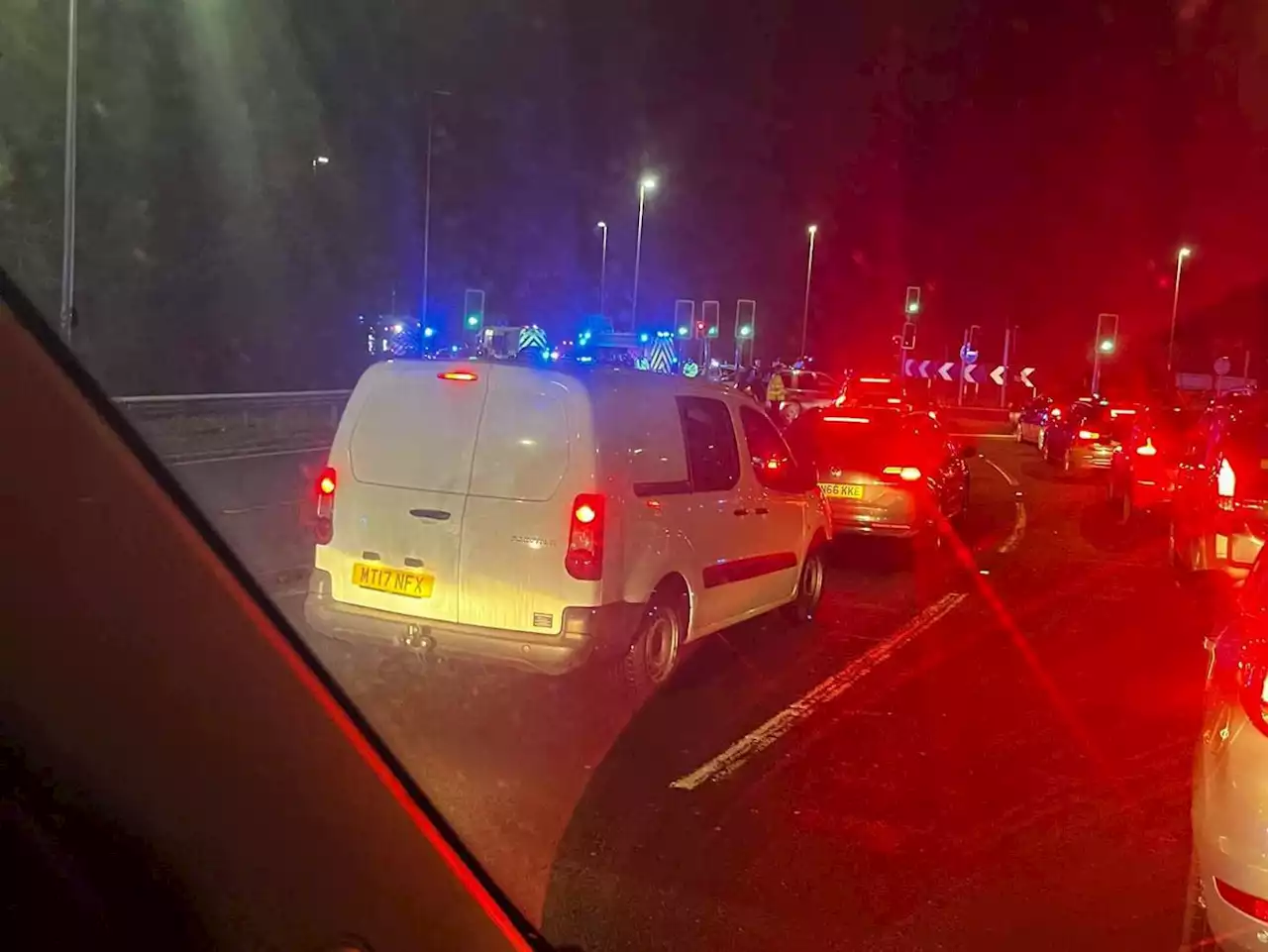 Major police response after two cars crash into barriers and lights at Shrewsbury A5 island