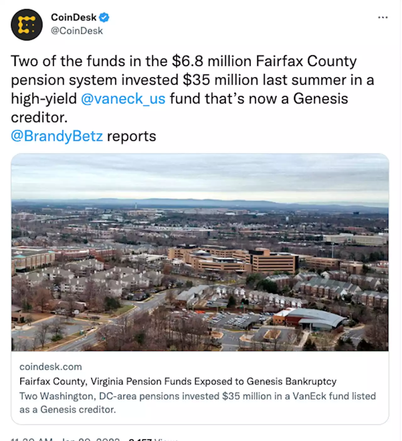 Fairfax County, Virginia, Pension Funds Exposed to Genesis Bankruptcy