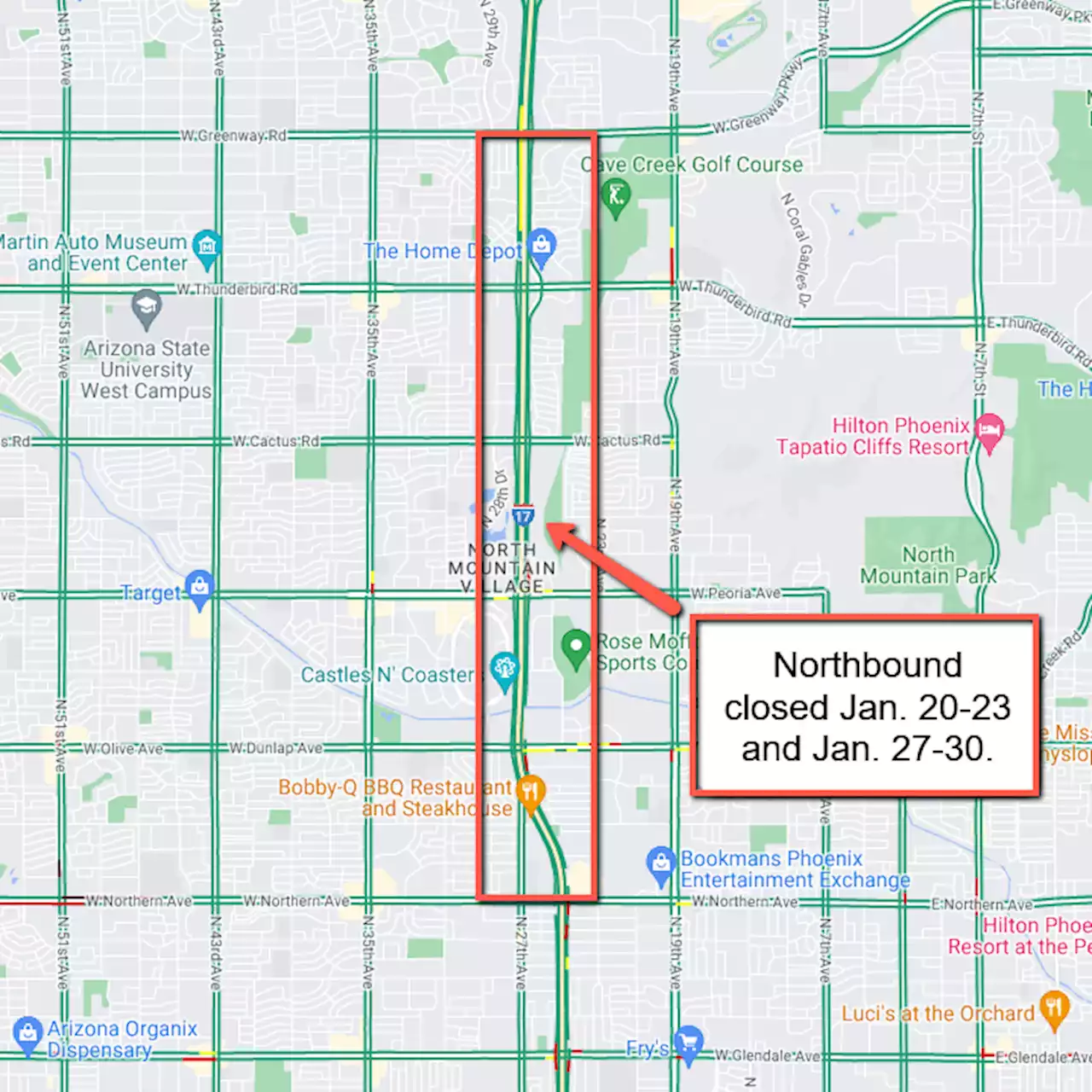 Northbound I-17 weekend closures planned between Northern Avenue and Greenway Road Jan. 20-23 and Jan. 27-30