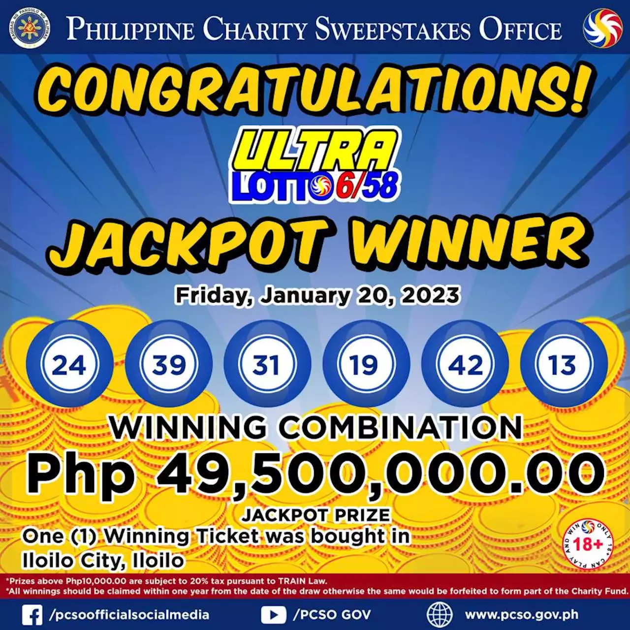 Ticket bought in Iloilo City wins P49.5-M Ultra Lotto jackpot