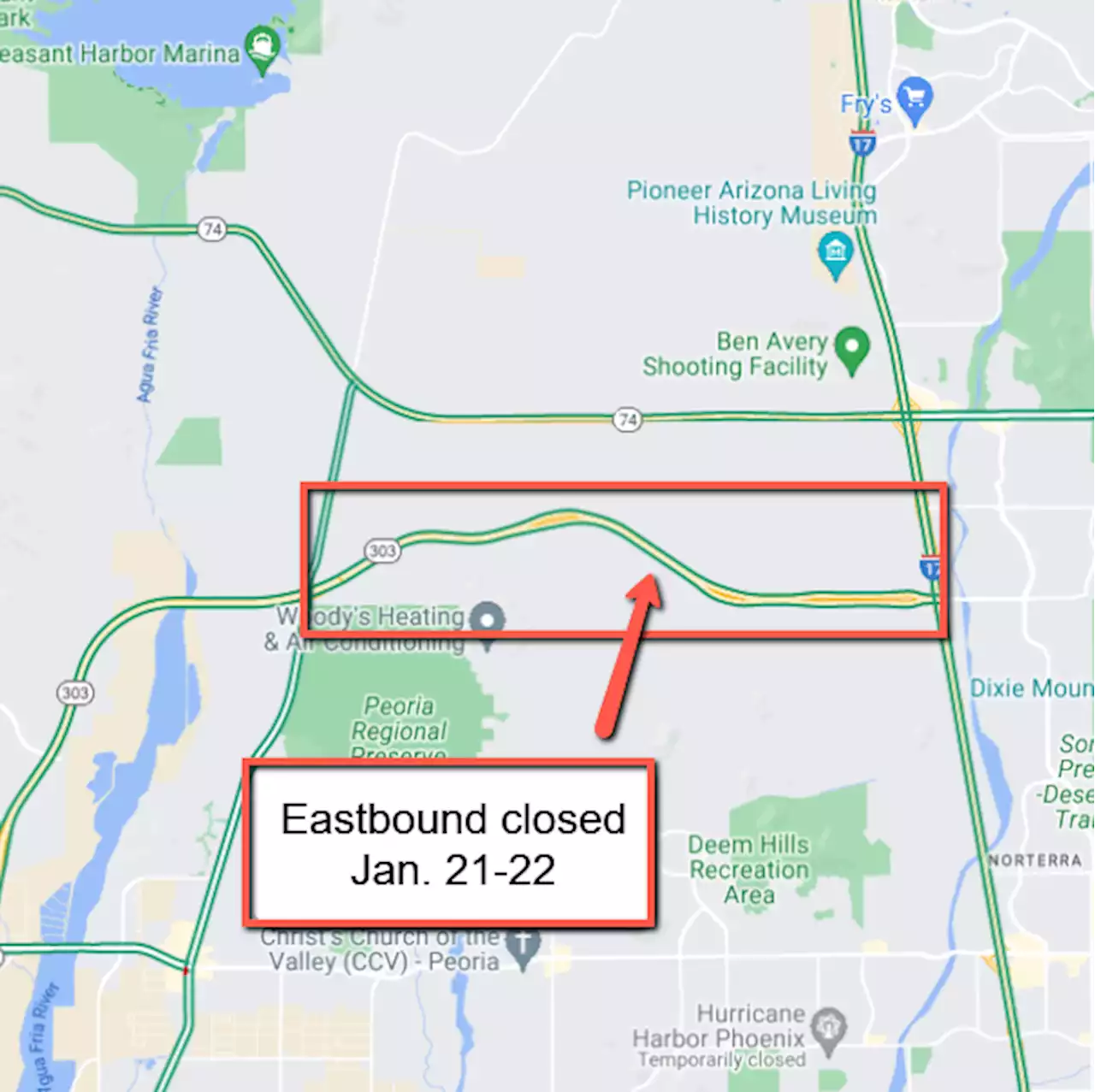 Eastbound Loop 303 closed between Lake Pleasant Parkway and I-17 Jan. 21-22