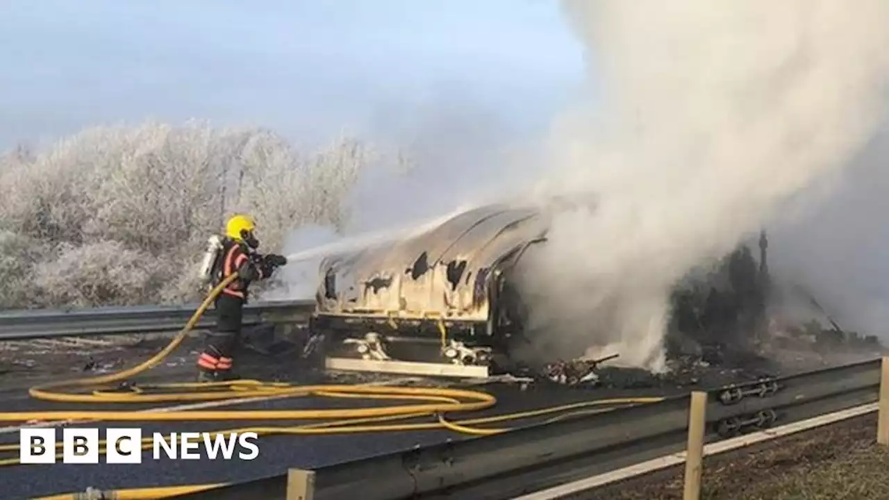 M11: Lorry fire shuts northbound carriageway in Cambridgeshire