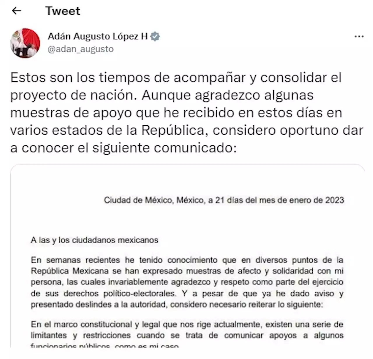 Adán Augusto pide respeto a proceso electoral; se deslinda de mensaje