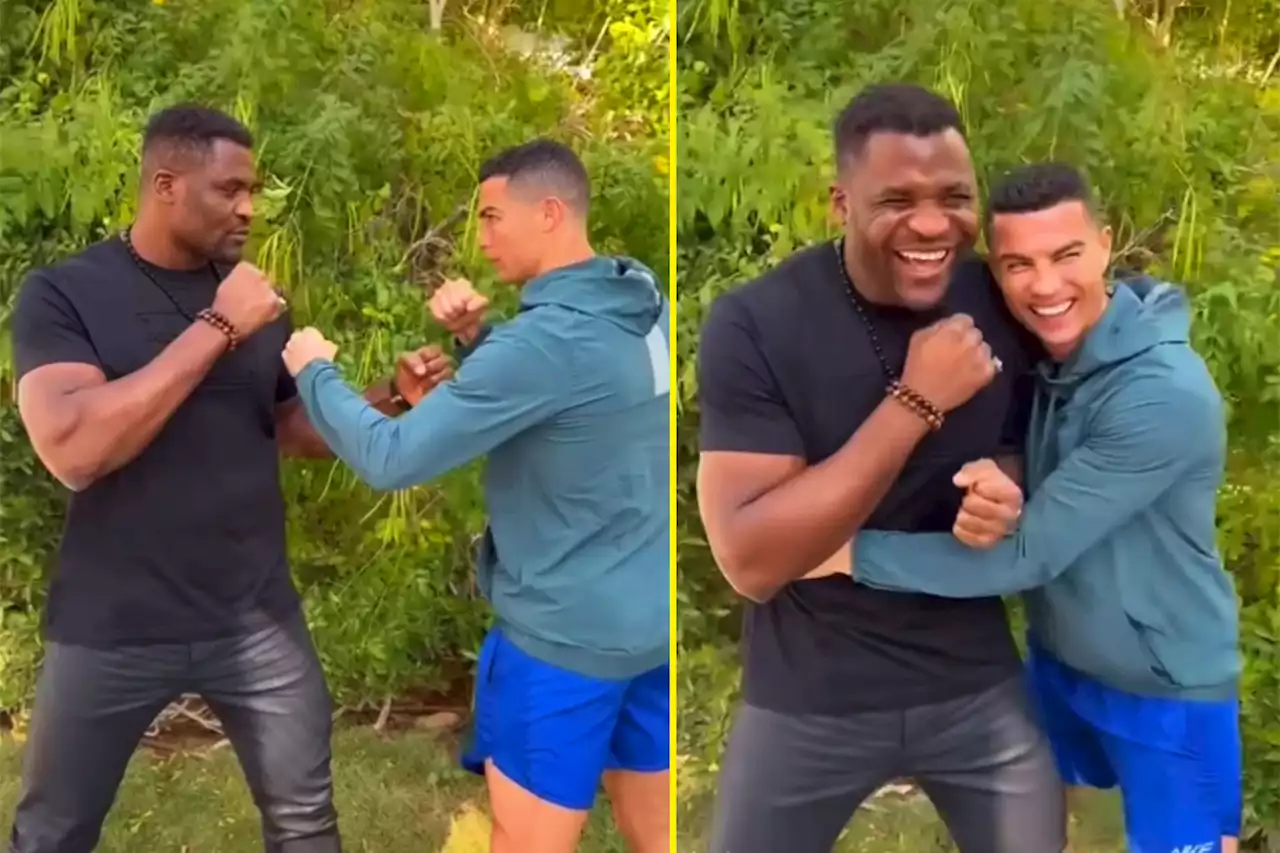 Cristiano Ronaldo squares up to Francis Ngannou, but quickly thinks better of it