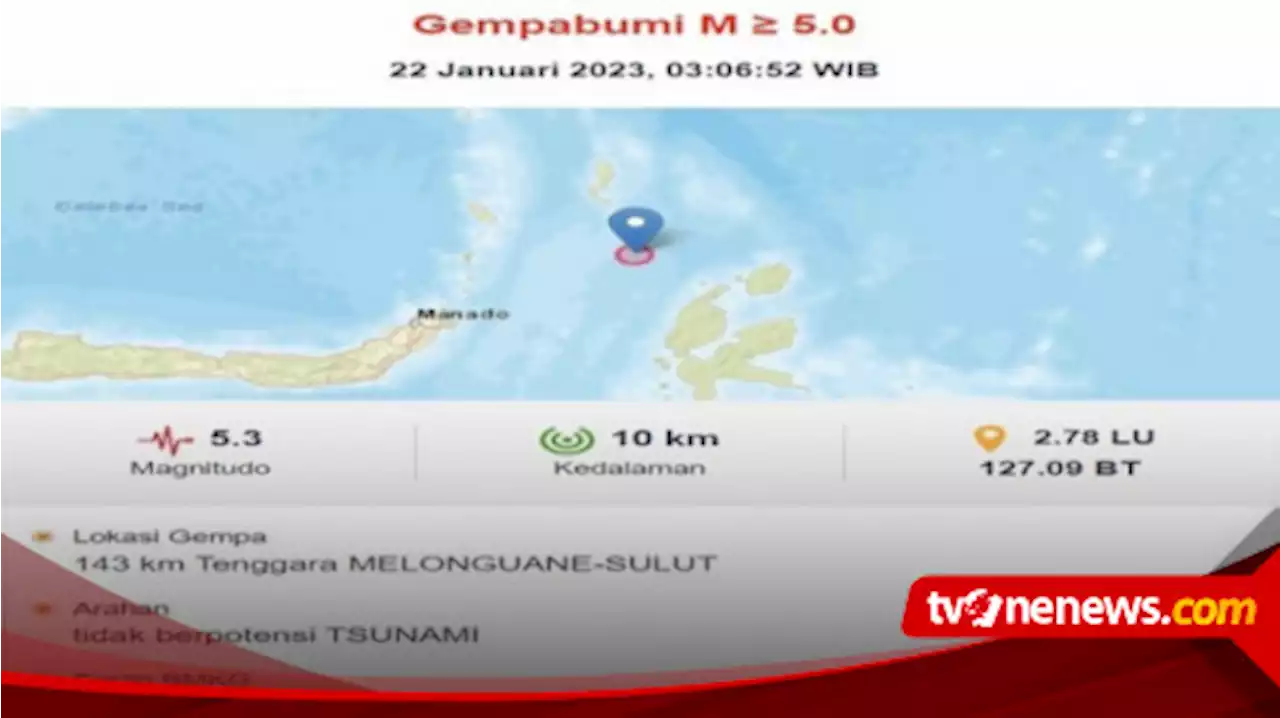 Gempa M 5,3 Mengguncang Laut Melonguane Sulut, Tak Berpotensi Tsunami