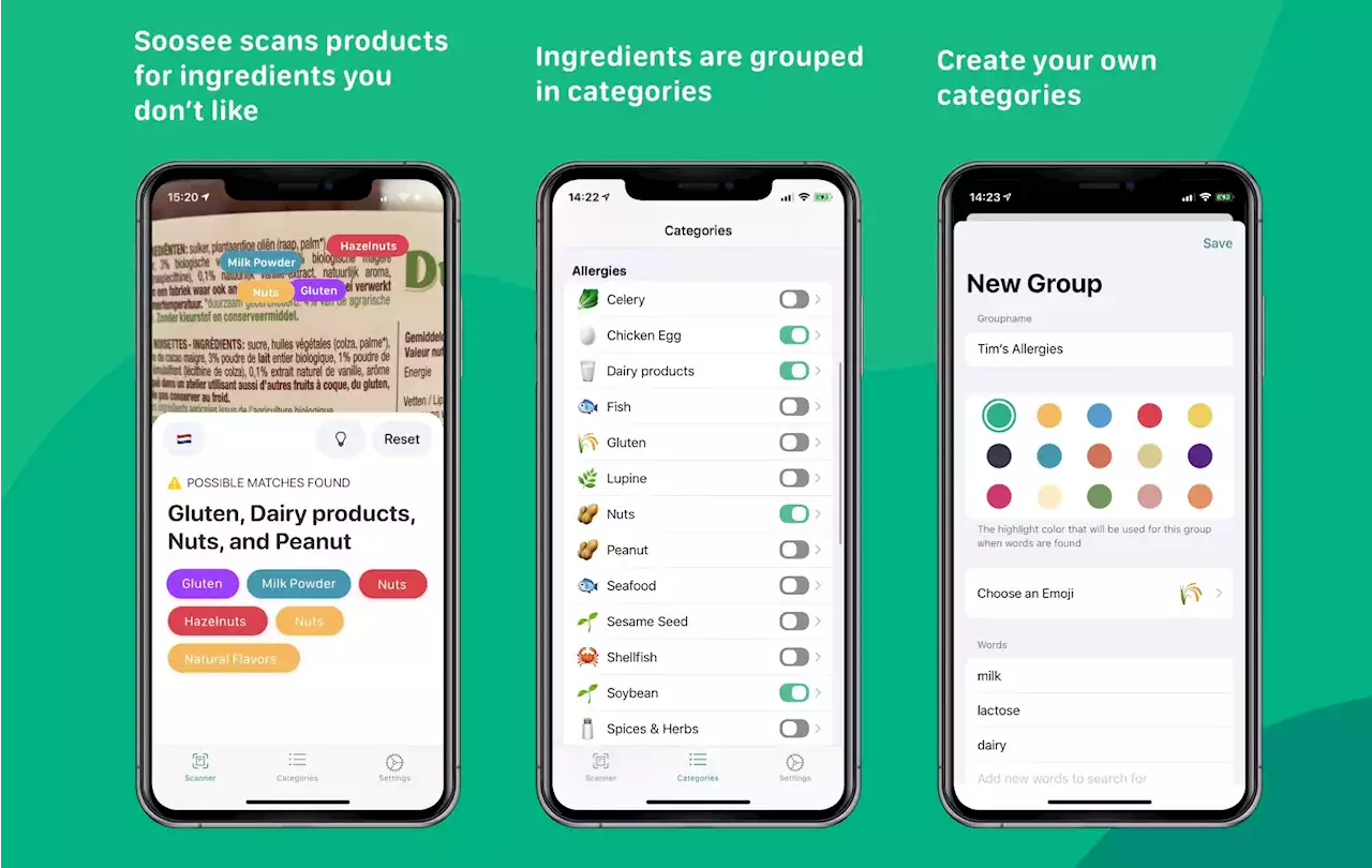 Appen Soosee kan skanna innehållsförteckningar. Efter ingredienser du inte kan äta.
