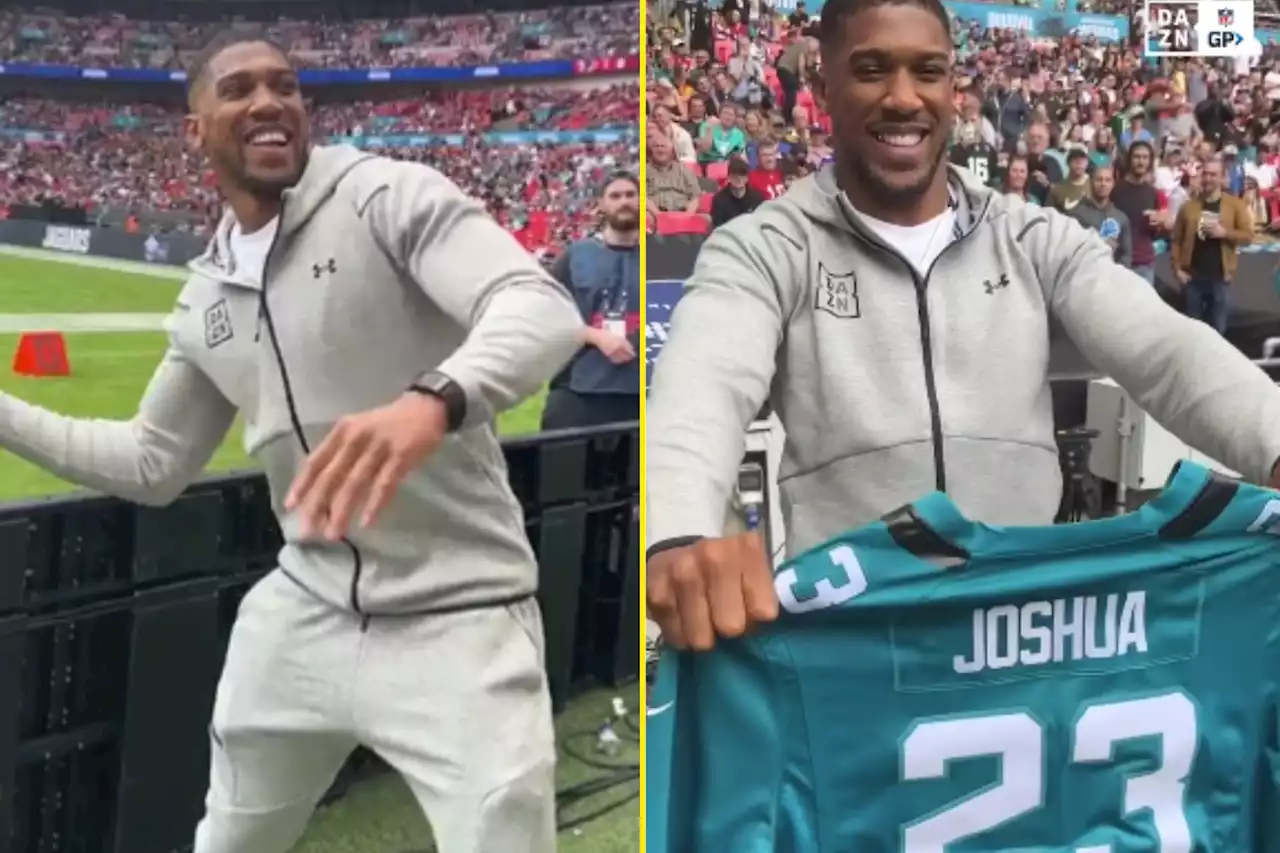 Anthony Joshua ‘shows off cannon’ as he throws American football into NFL crowd at Wembley Stadium