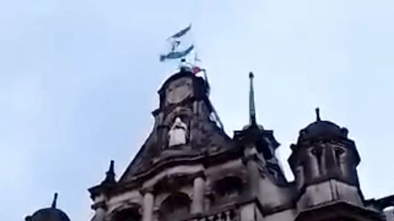 Protester scales Sheffield town hall and tears down Israeli flag before hoisting Palestine flag in its place