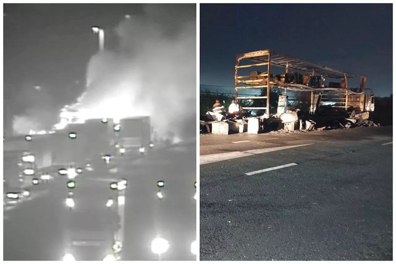 M62 Leeds: Shocking new pictures as huge lorry fire closes M62 motorway westbound overnight