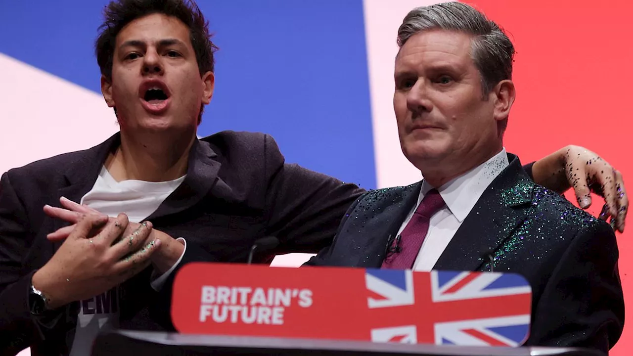 Protester who covered Keir Starmer in glitter apologises for putting his hand on the Labour leader...