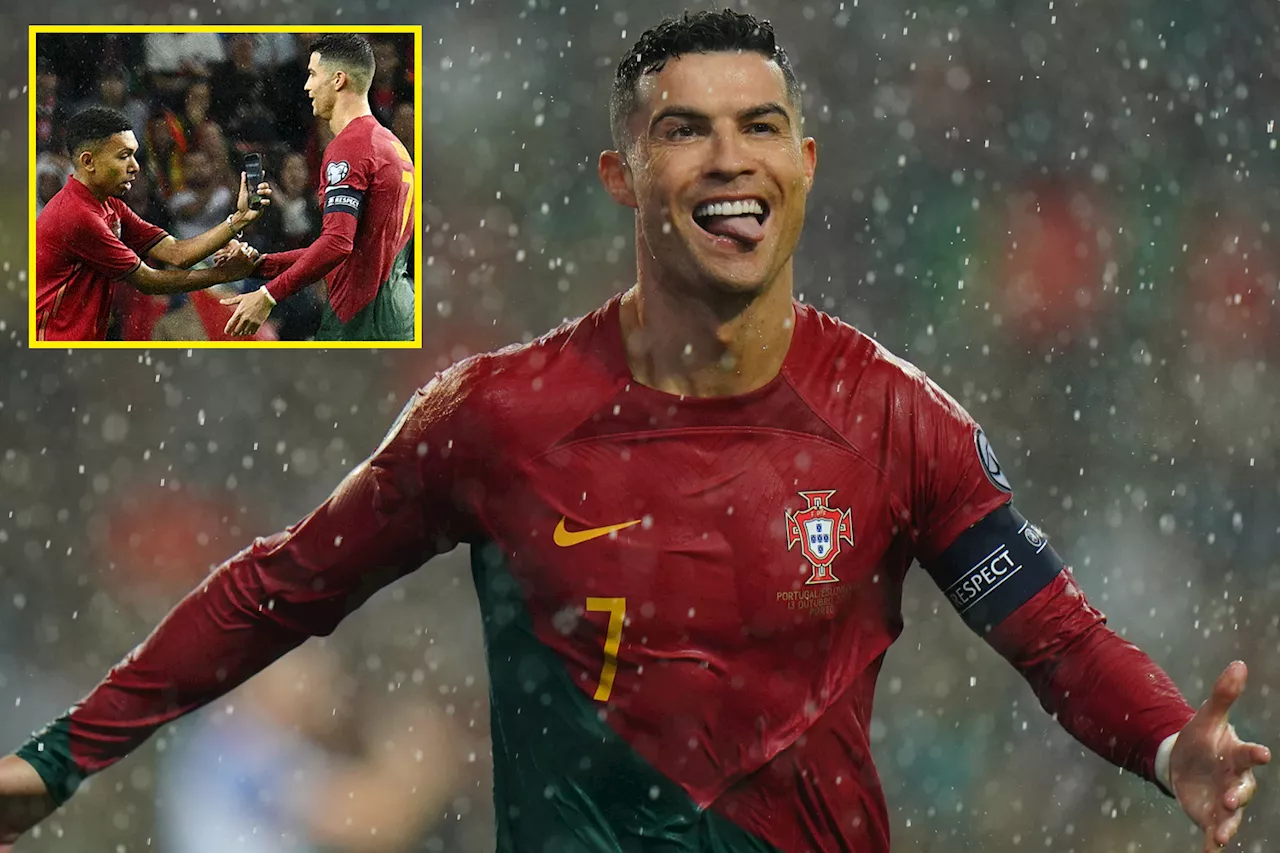 Cristiano Ronaldo celebrates with pitch invader as he inspires Portugal to Euro 2024 qualification...