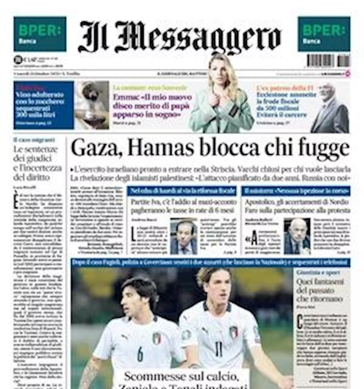 Il Messaggero apre oggi: 'Scommesse sul calcio: Zaniolo e Tonali indagati'