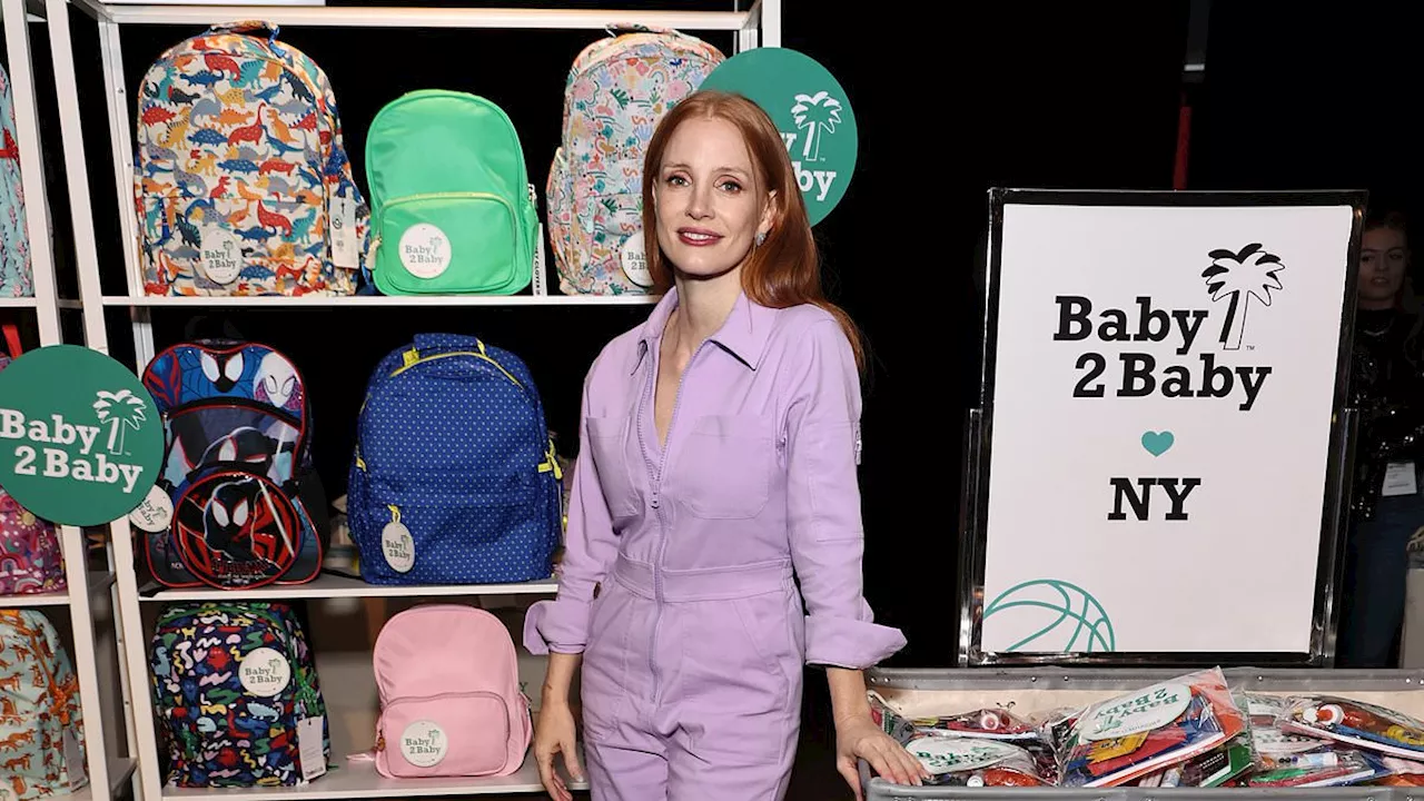 Jessica Chastain shows off impressive basketball skills while rocking a purple jumpsuit at...