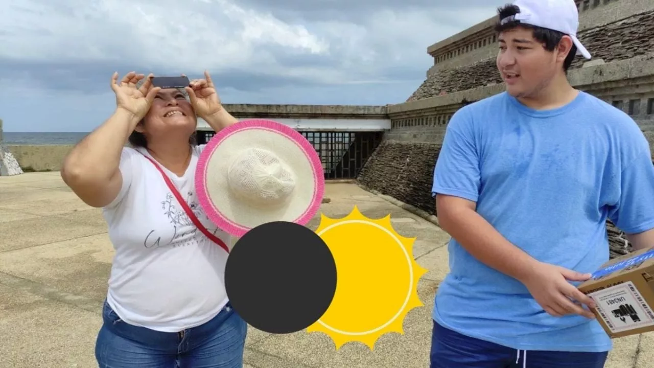 Ximena y sus hijos elaboraron visores caseros para ver el eclipse solar en Coatzacoalcos