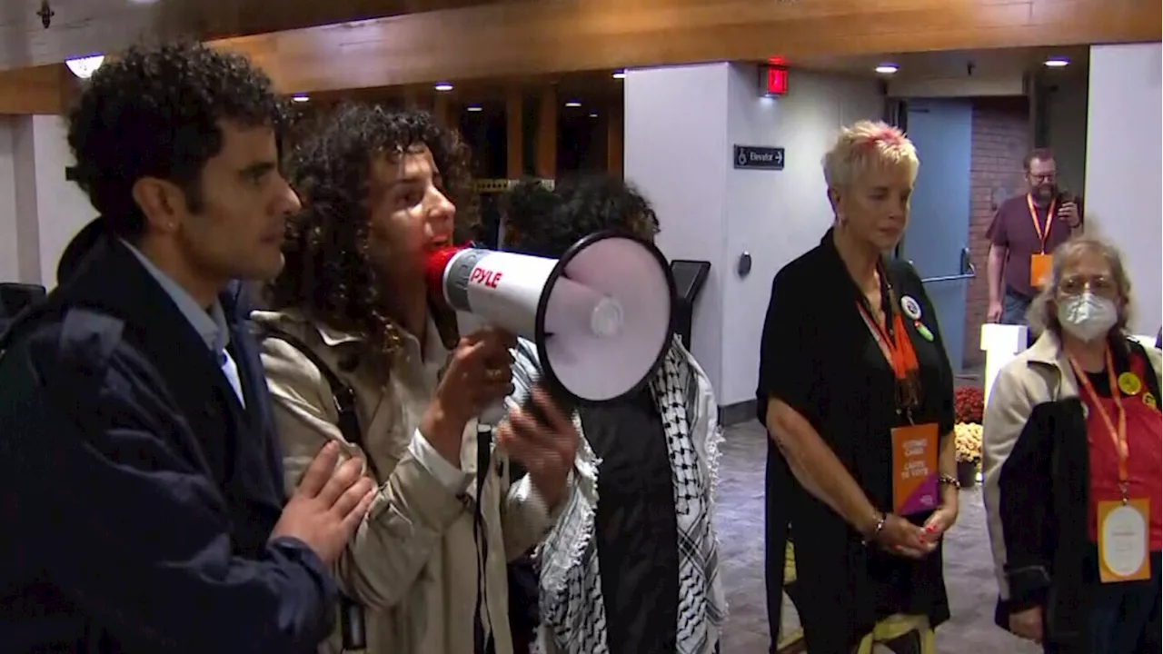 Pro-Palestinian demonstrators rally at NDP convention as Singh survives leadership vote