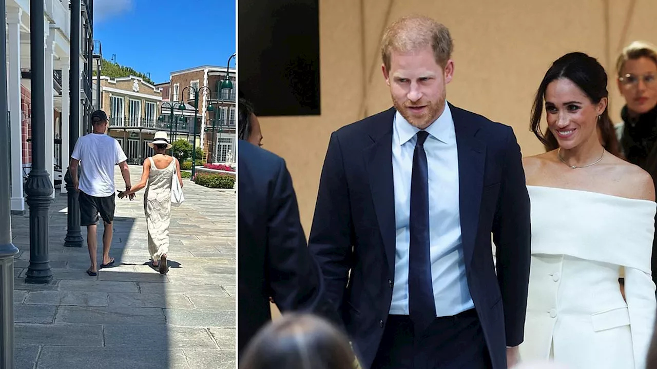 EXCLUSIVE: Harry and Meghan are seen strolling hand-in-hand on a romantic holiday on uber posh...