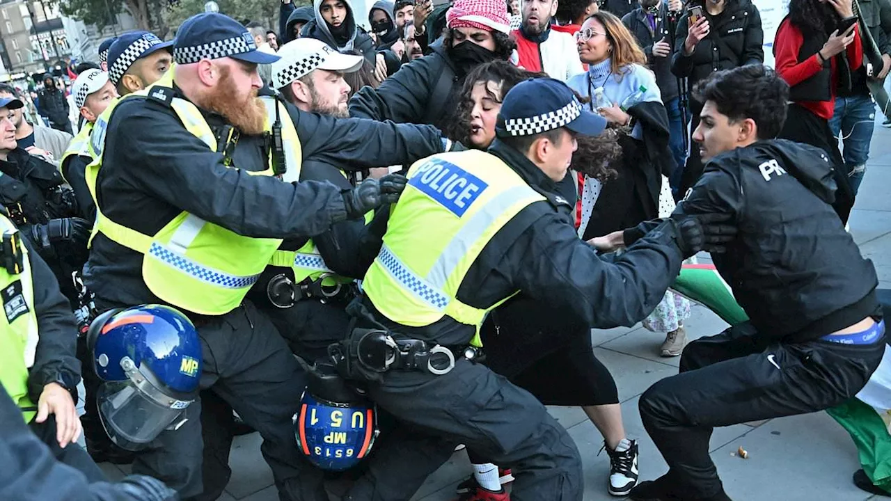 Moment lone man carrying Israel flag is chased and surrounded by pro-Palestinian protesters while...