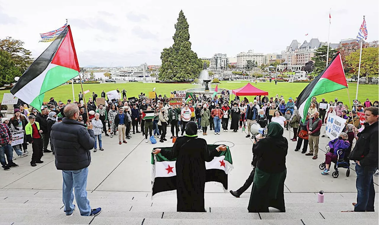 Diverse crowd rallies at legislature in support of Palestinian people