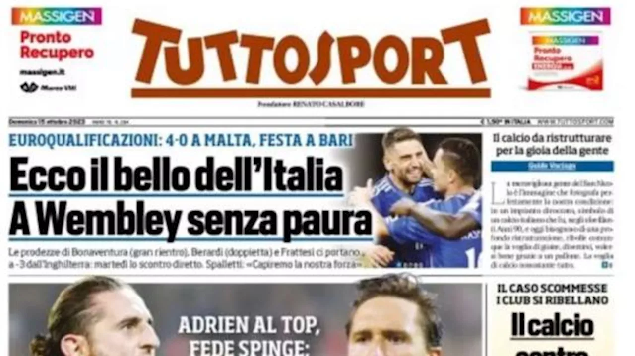 La prima pagina di Tuttosport: 'Rabiot e Chiesa: 'Milan, arriviamo''