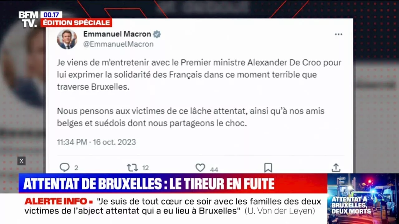 Attentat à Bruxelles: Emmanuel Macron dénonce un 'lâche attentat' et exprime sa solidarité 'à nos amis belges et suédois'