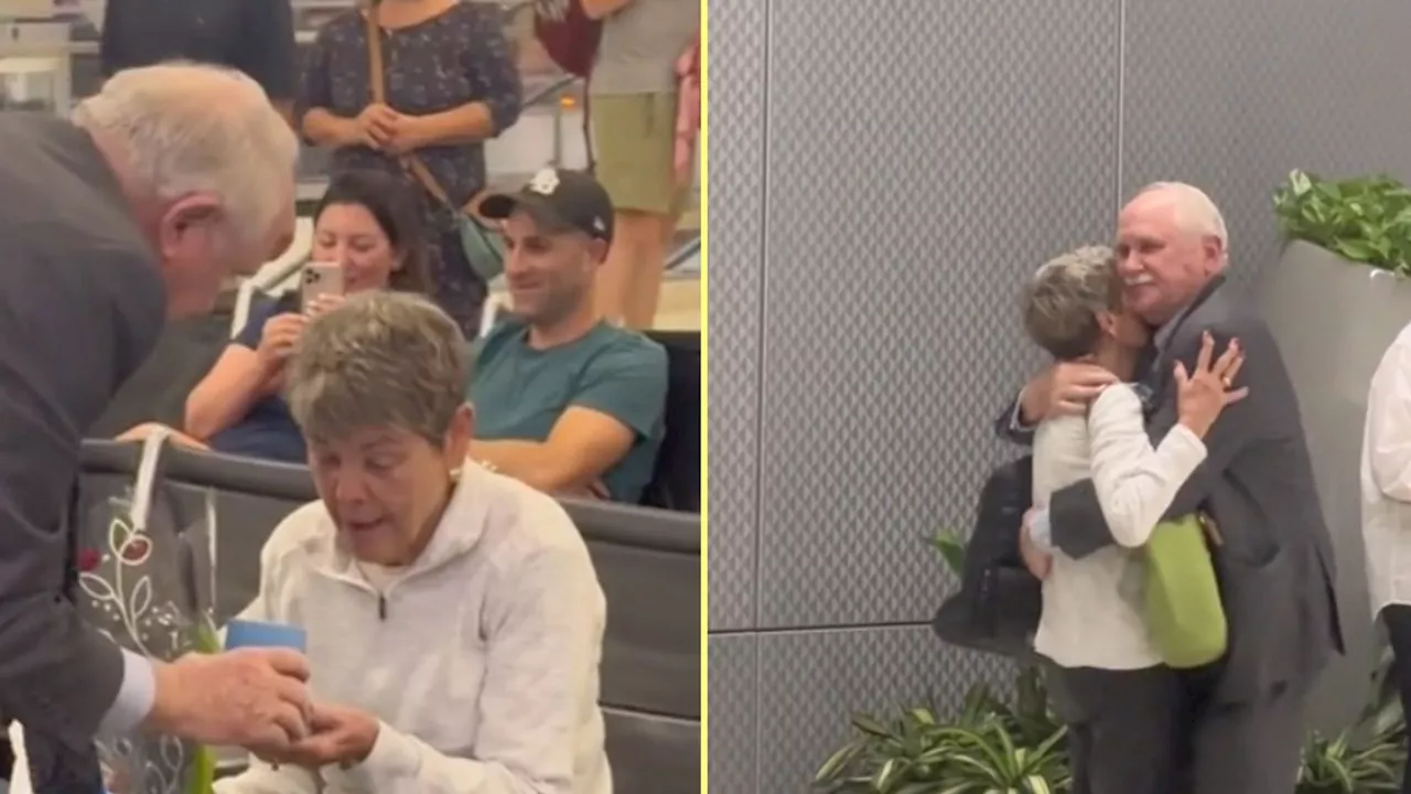 78-year-old man proposes to his childhood sweetheart at the airport