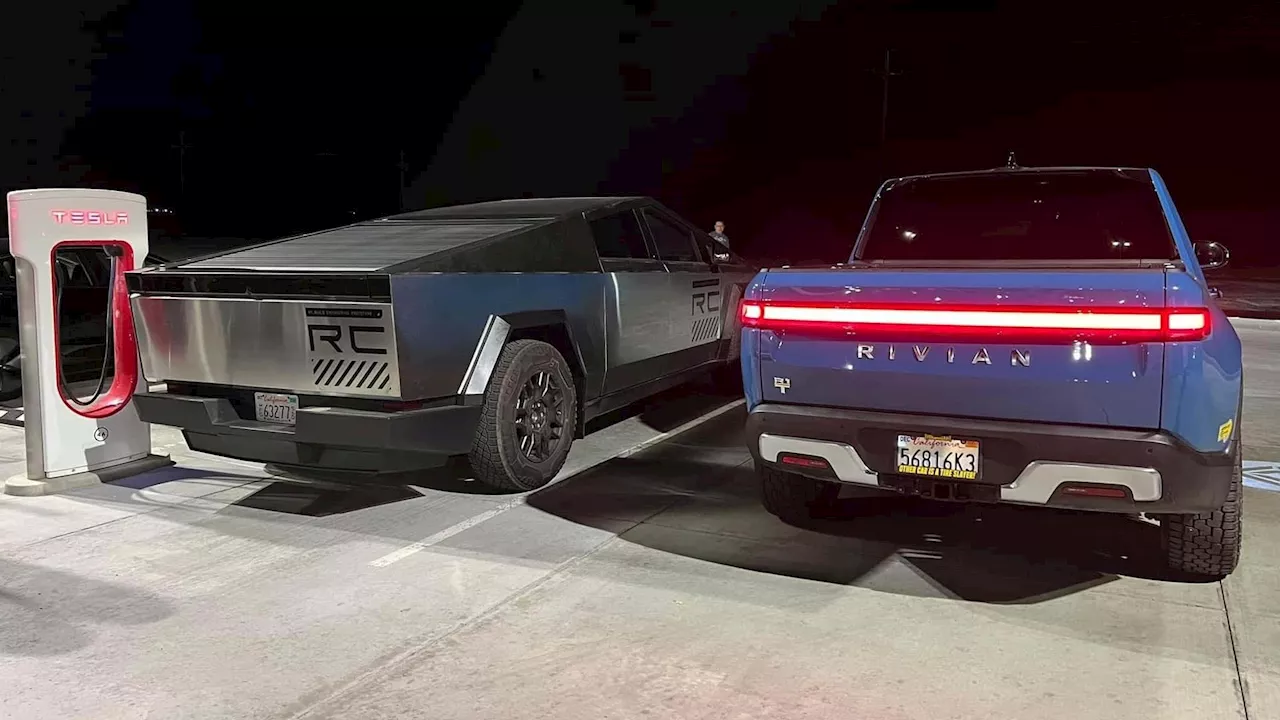 Tesla Cybertruck Spotted Next To Rivian R1T Showing Size Difference