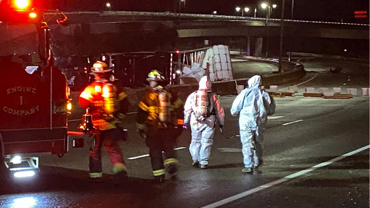 I-5 in Thurston County reopens after semi-truck carrying 'corrosive substances' overturns