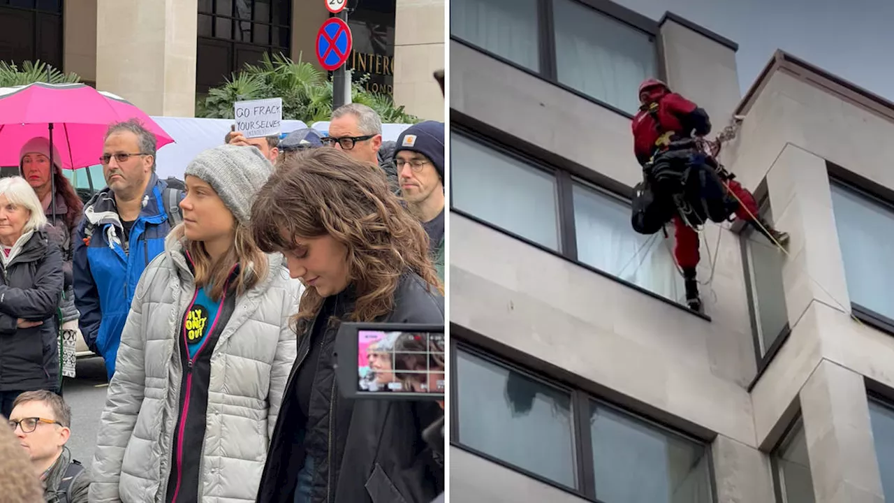 Greta Thunberg joins eco-protest outside energy conference as activists scale five-star London hotel