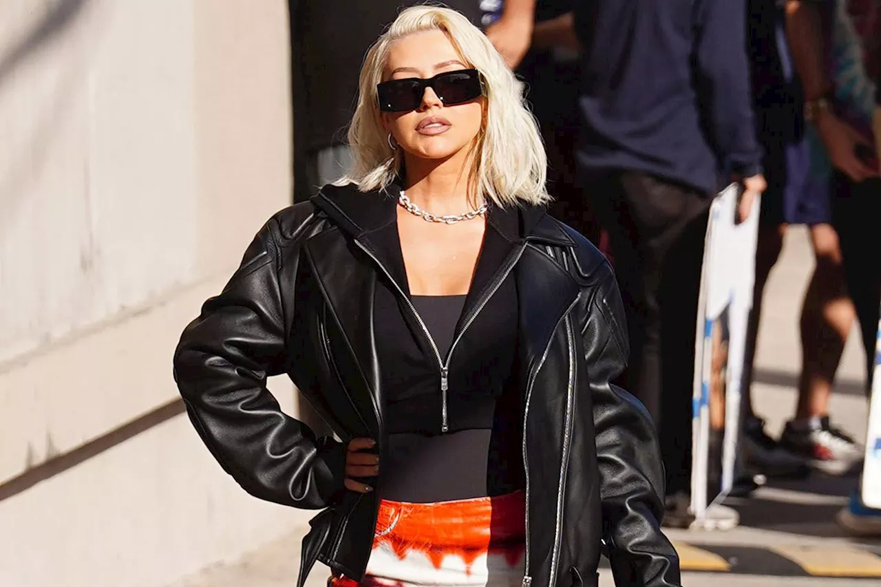 Christina Aguilera Rocks Black Leather Jacket and Lip Print Mini Skirt at Jimmy Kimmel Live!