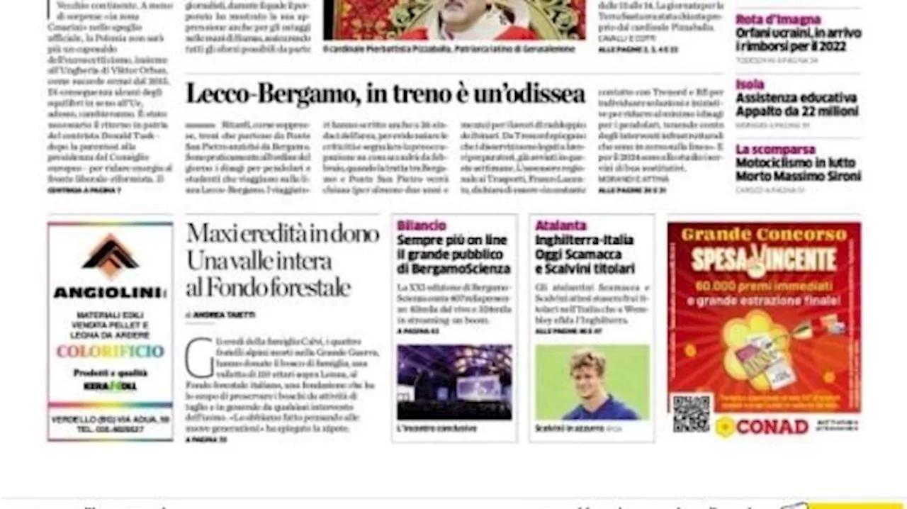 L'Eco di Bergamo in prima pagina: 'Inghilterra-Italia: oggi Scamacca e Scalvini titolari'