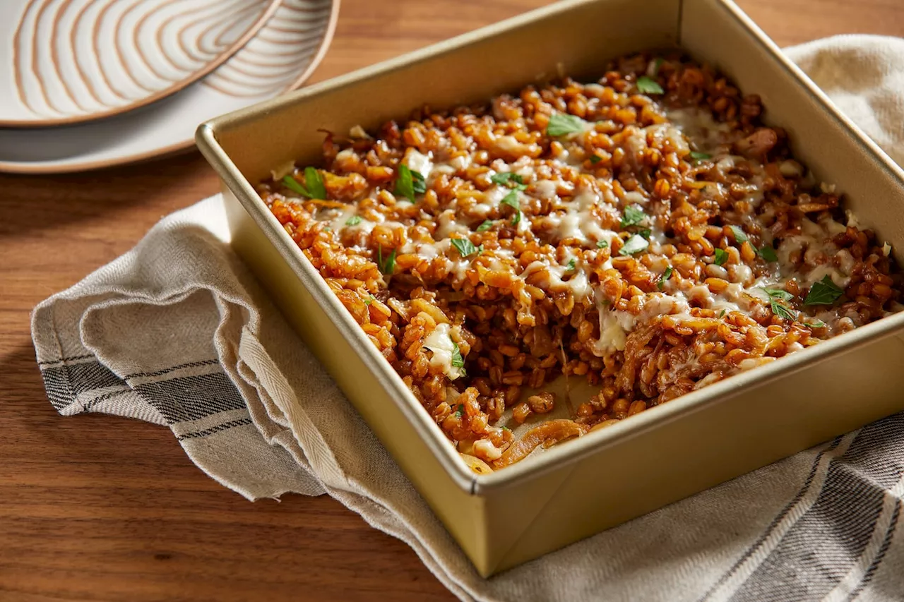 French onion farro bake turns the soup into a hearty, whole-grain side