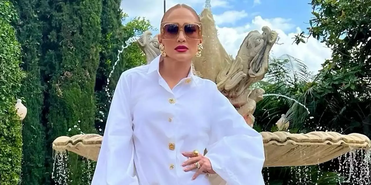 Jennifer Lopez Does L.A. Glamour in a Crisp Shirtdress and Golden Platforms