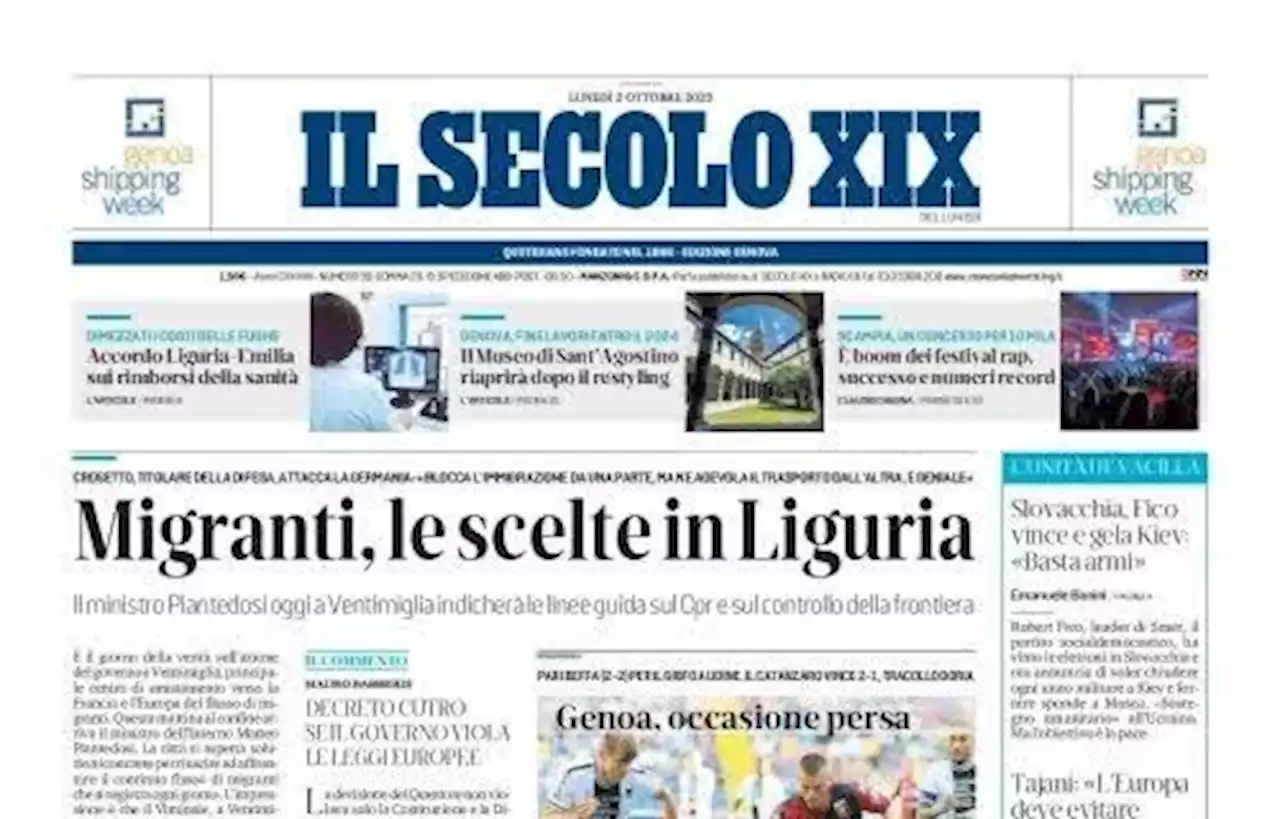 Il Secolo XIX apre con il pareggio del Genoa: 'Occasione persa contro l'Udinese'