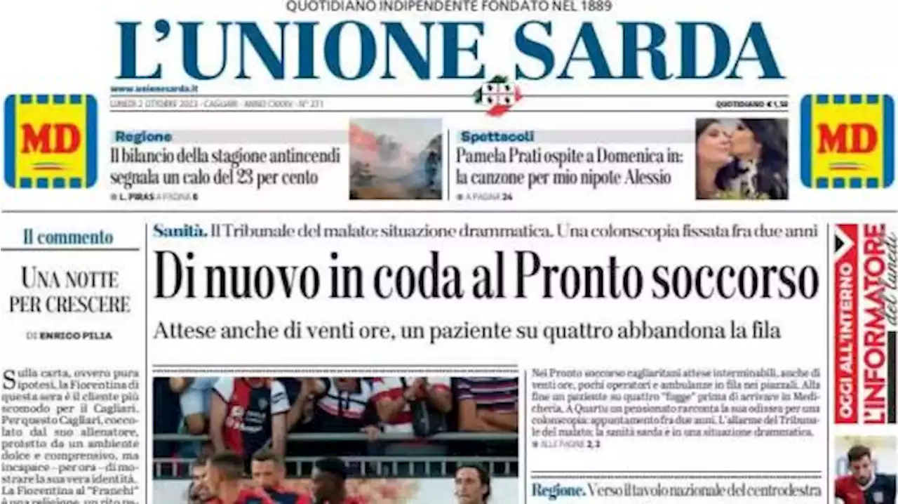 L'Unione Sarda in prima pagina sui rossoblu: 'Cagliari, sfida di fuoco a Firenze'