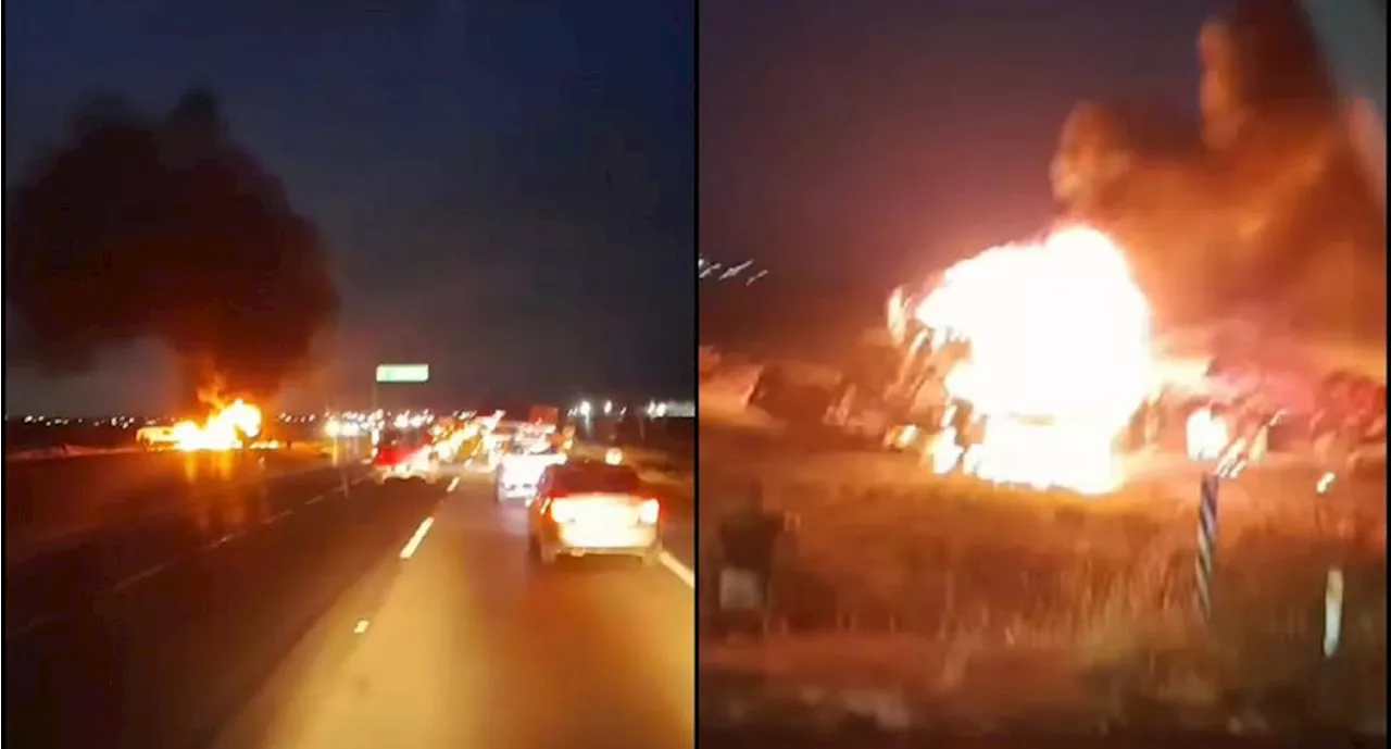 Autopista México-Pachuca: Tractocamión y camioneta de valores chocan y se incendian