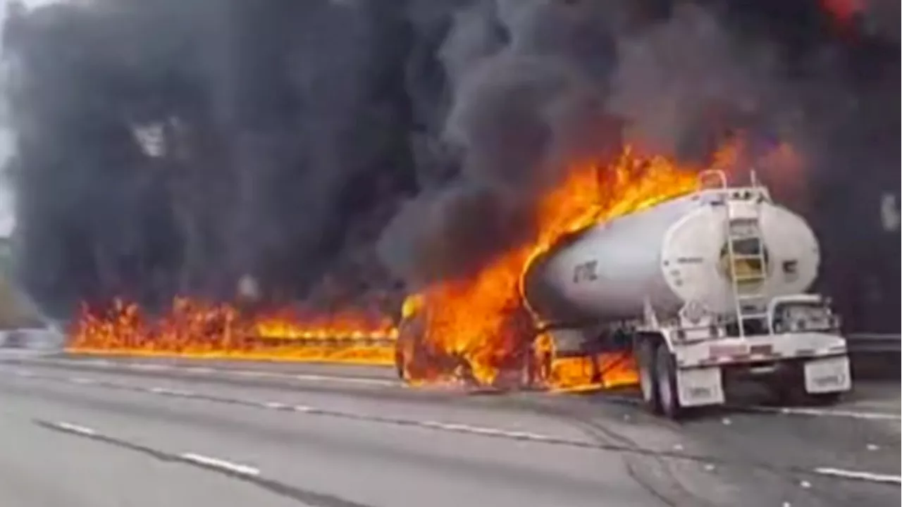 All lanes closed on PA Turnpike NE extension after tanker truck catches fire