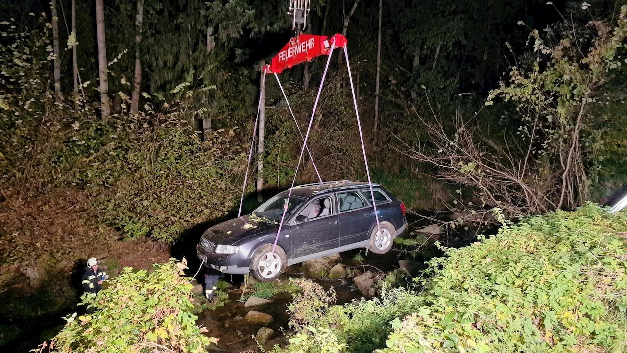 Frau stürzt 5 Meter ab und versenkt Audi in Fluss