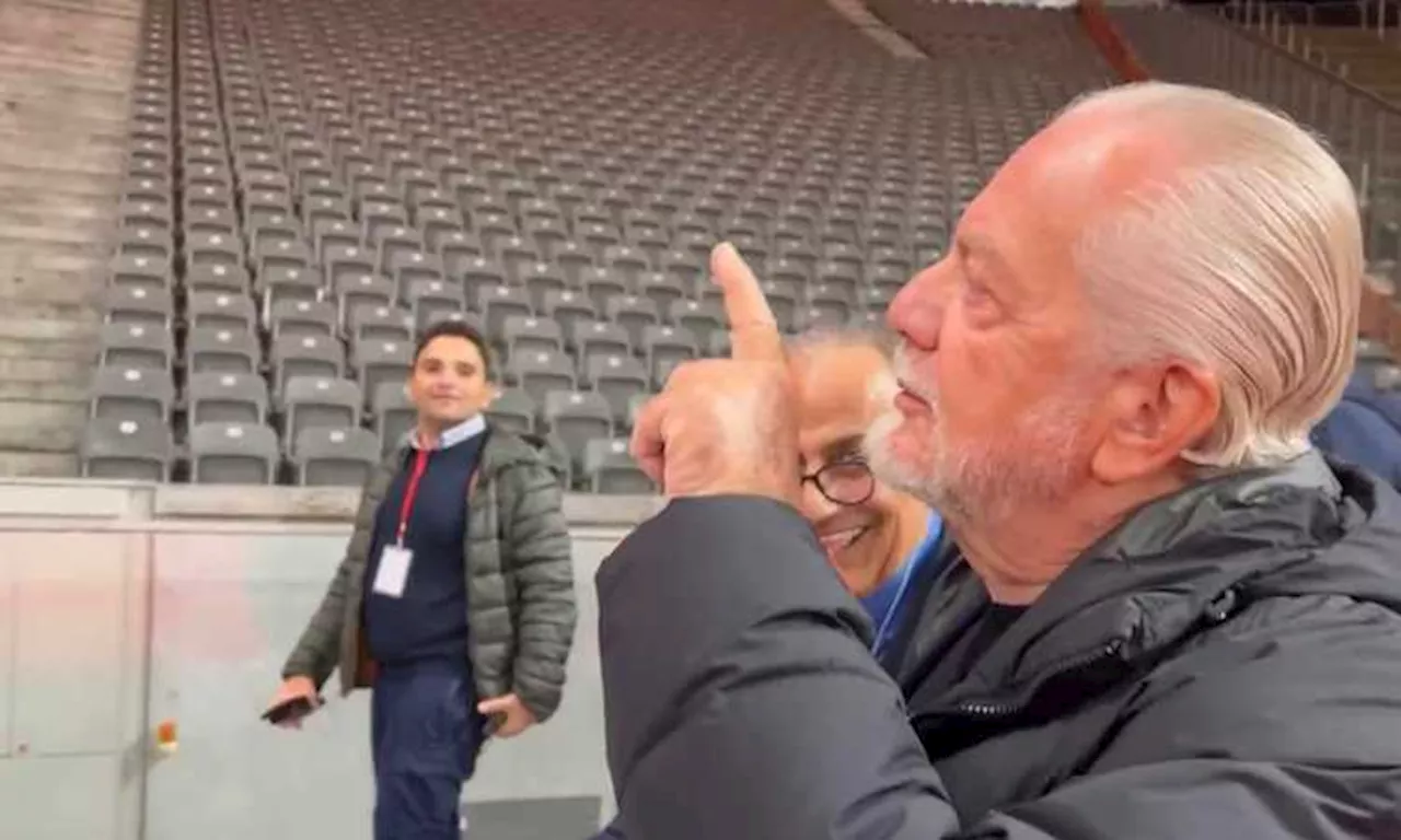 Napoli, De Laurentiis scende in campo alla vigilia della sfida con l’Union Berlino VIDEO