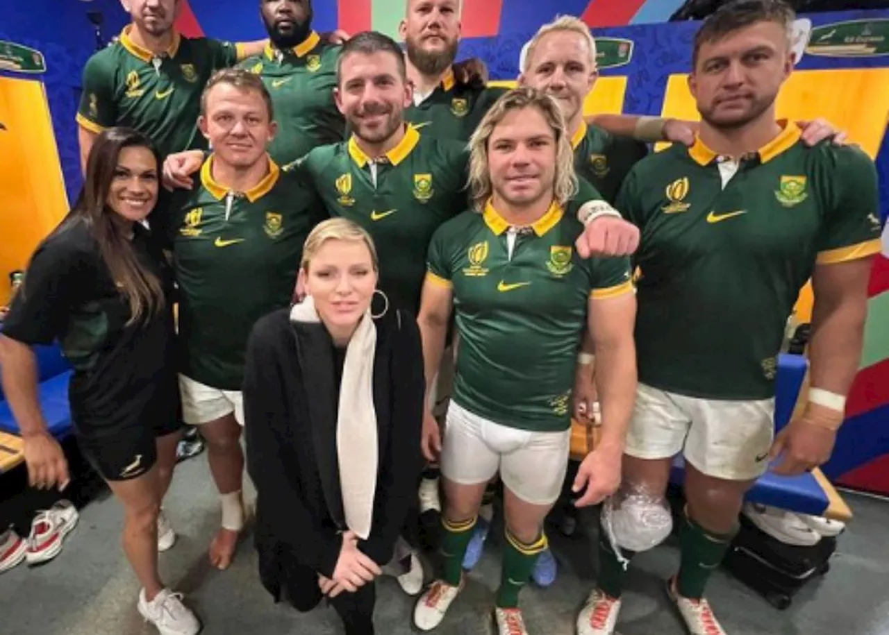 Princess Charlene poses with Springboks physiotherapist, encourages players to win All Blacks game