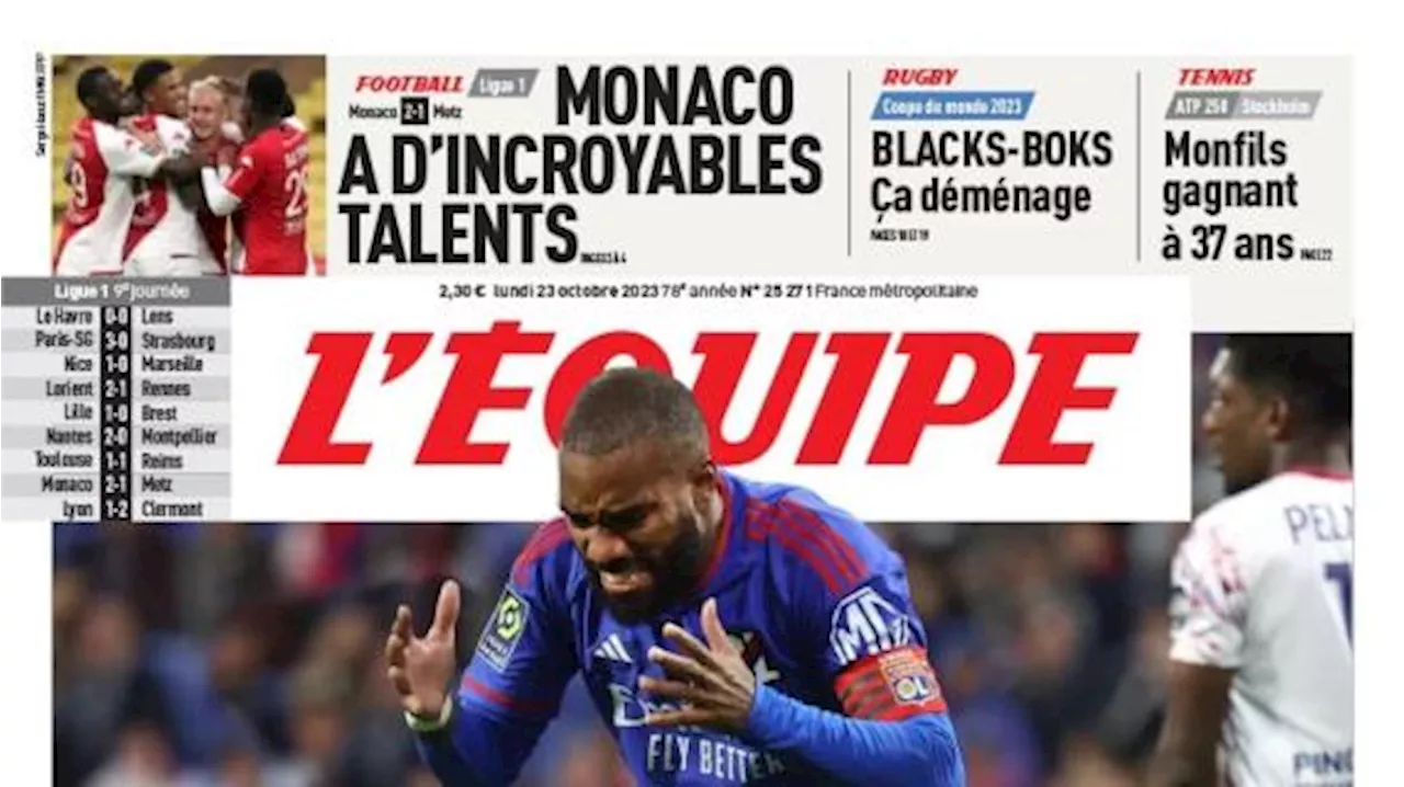 L'Equipe in prima pagina: 'Il Lione sprofonda, il Monaco dei talenti vola in vetta'