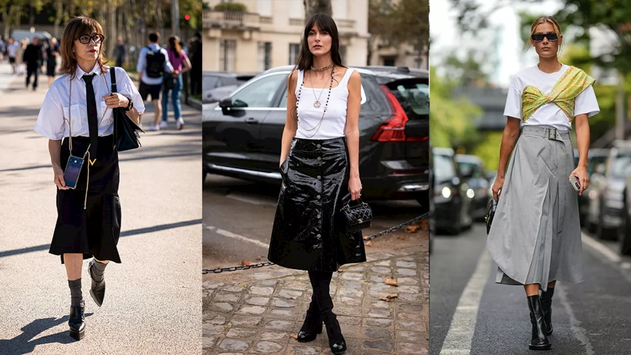 Cómo llevar faldas midi con botas negras a la oficina en otoño 2023