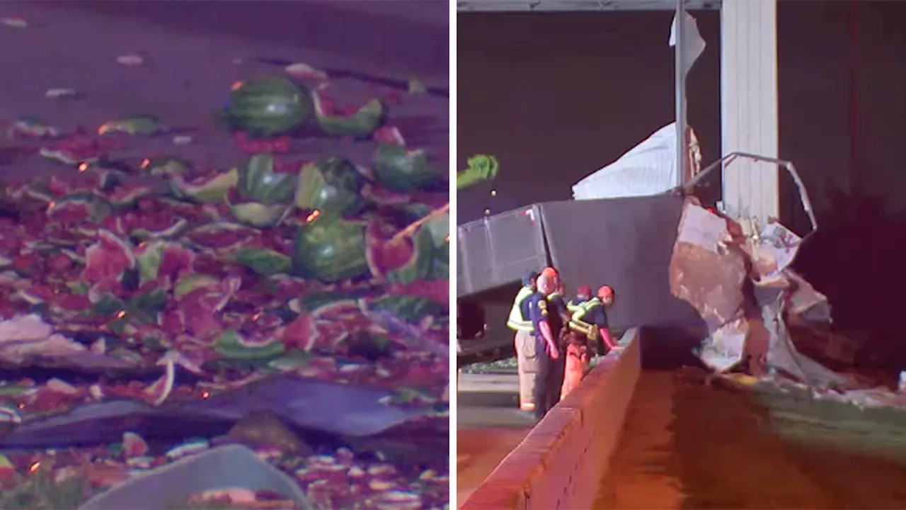 18-wheeler filled with watermelons crashes into sign on Southwest Freeway NB in Sugar Land