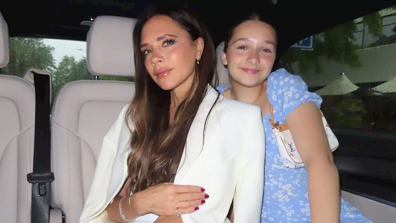 Harper and Victoria Beckham swish their matching ponytails on family date night