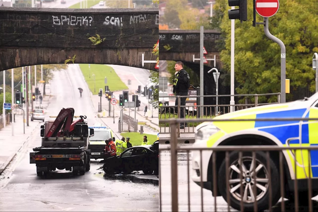 Halton Leeds crash: First pictures from the scene as man fighting for his life after Selby Road accident