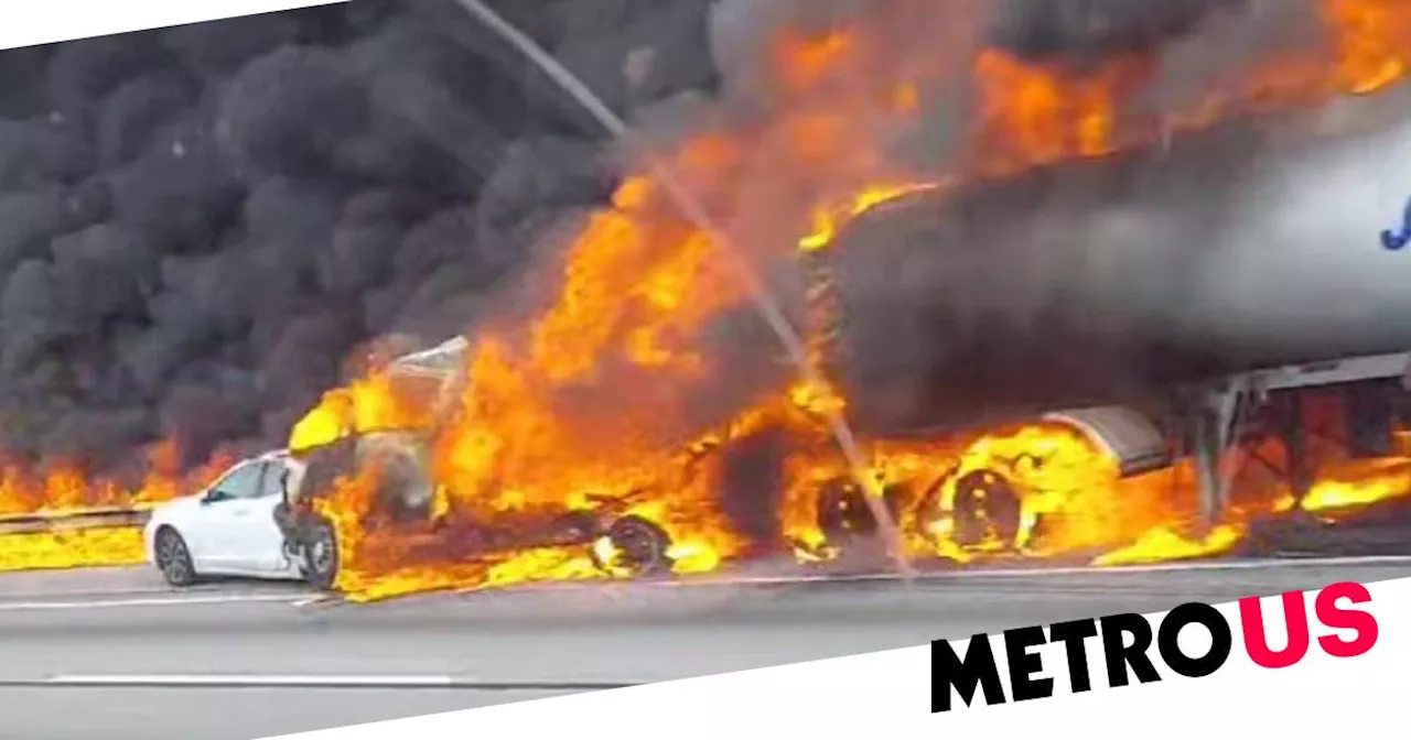 Tanker truck carrying jet fuel crashes into two cars and kills three